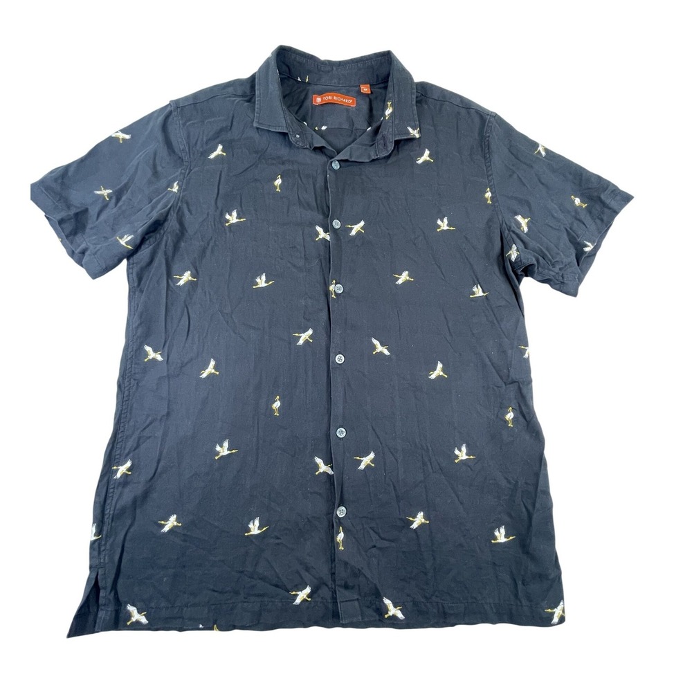 Tori Richard Button Down Shirt Mens M Black Crane Bird Embroidered Short‎ Sleeve